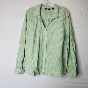 Lands End Womens 1X Green White Striped 100% Linen Button Down Shirt Long Sleeve